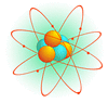 graphic of an atom showing particles traveling in circular path around a central core