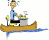 man working frantically at a desk in a canoe at the edge of a waterfall