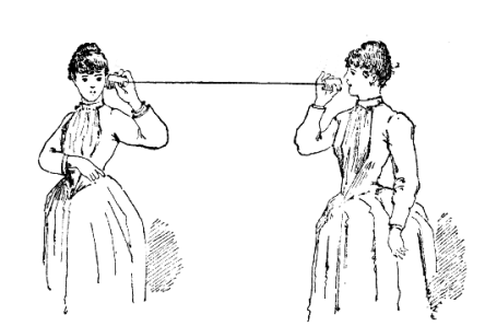 Two women in Victorian dress standing several feet apart and talking on a paper cup telephone