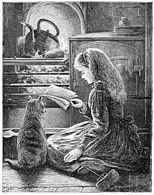 Old pen & ink drawing of girl reading by the fire with her cat sitting next to her