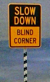 Road sign: Slow Down, Blind Corner