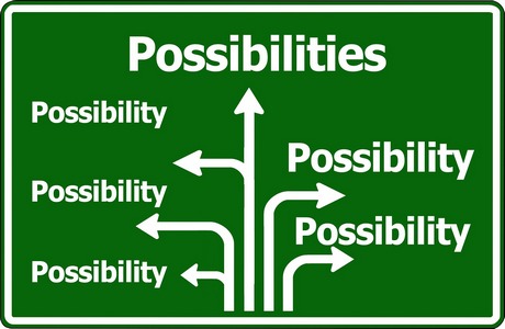 Highway sign, with arrows labeled "possibility" pointing in many different directions 