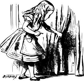 Alice in Wonderland with a key in her hand pulls back a curtain to see a small door