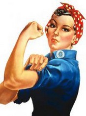 Woman with rolled up sleeve showing bicep from famous Rosie the Riveter WWII poster