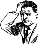 A vintage line drawing of a man scratching his head and looking uncertain