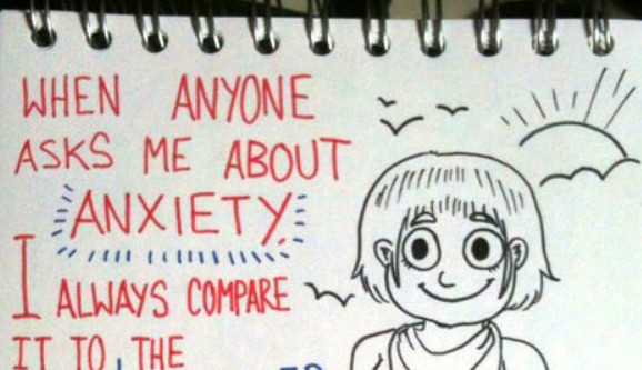 A hand drawn picture of a smiling woman, with the writing: when anyone asks me about anxiety, I always compare it to...