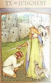 Judgment card from Goddess Tarot deck, showing Queen Gwenhwyfar extending a short sword above the head of a kneeling man