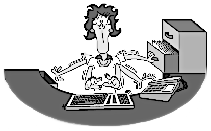 Busy woman at desk with 5 arms, typing, filing, and answering the phone all at the same time