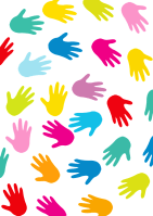 Many different colored hand prints in a swirling pattern