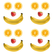 Four exactly alike smiling faces made from a banana mouth, orange slice eyes and a strawberry nose
