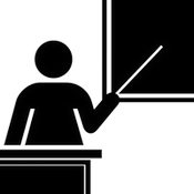 Silhouette of a teacher pointing to a blackboard