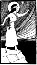 Vintahe line drawing of a blindfolded woman with her hand out in front of her about to step off a cliff