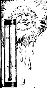 A vintage drawing of a melting sun with a face, floating above a thermometer