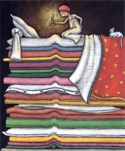 An ullsutration from the fairytale, "The Priness and the Pea" of a girl on a stack of mattresses, with a pea under the bottom one, looking at her bed with a candle.