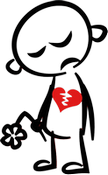 A black and white stick figure with a red heart cracked down the middle holding a drooping flower