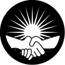 A graphic of a handshake between two people with the sun rising behind the clasped hands