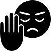 An ideogram of a frowning face, with a hand raised palm out in front of it as if warding something off