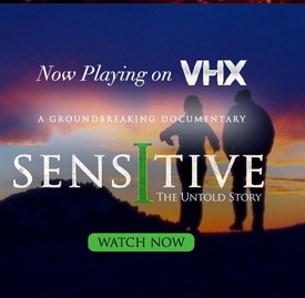 A screenshot from the website and trailer of Sensitive - The Untold Story showing two people standing together in a natural settings watching a sunset