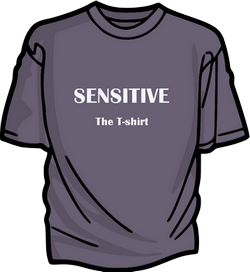 A drawing of a T-shirt with the words Sensitive, The T-shirt on the front