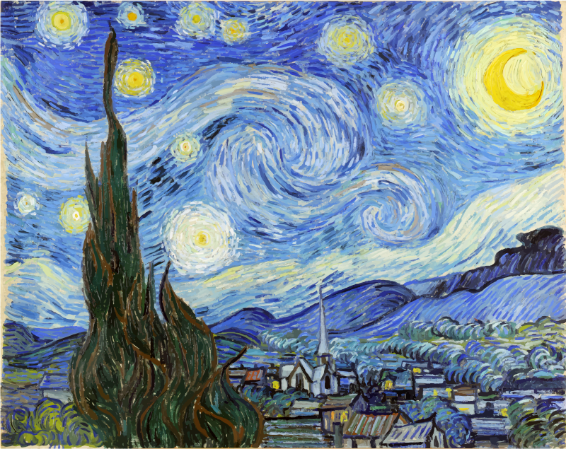 Van Gogh's painting, starry night, with clouds and stars that swirl