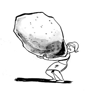Cartoon by Dan Meth of a woman carrying a boulder twice her size