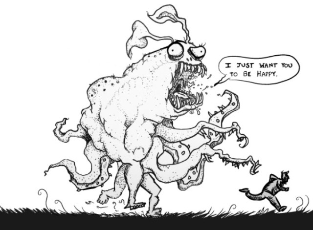 An enormous ugly monster chases a small, horned human, saying "I just want you to be happy"