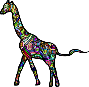 An artistic rendition of a giraffe, made up of many different colored shapes.