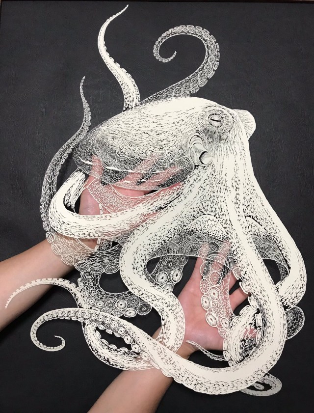 An extremely intricate octopus papercut, with thousands of teeny cutouts from a single sheet to create the impression of skin textures and overlap, laid across the artist's palms.