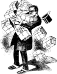 Old cartoon: Frowning man in formal dress tries to hold into an overload of packages