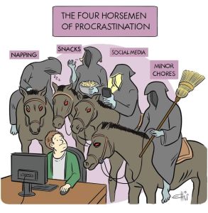 Cartoon showing 4 hooded figures on horseback clustered behind a man at a desk in front of a computer monitor. The title of the cartoon is The Four Horsemen of Procrastination and the horsemen are labelled Napping, Snacks, Social Media and Minor Chores