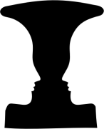 A Rubin's Vase optical illusion graphic that looks like a vase when black areas are focused on, but like face-to-face profiles when white areas are focused on