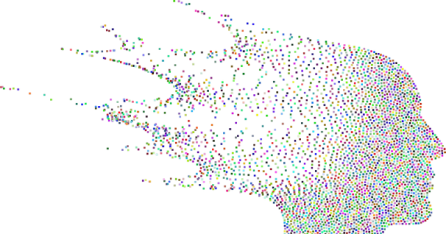 A head in profile, made of colored dots, with the dots scattering out in all directions from the back of the head