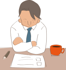 Man in business attire worries over a checklist as he drinks his coffee